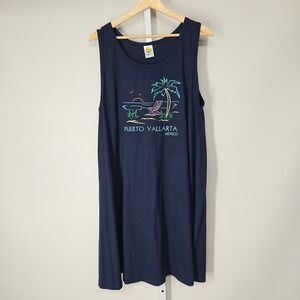 Caribbean Tropic Puerto Vallarta Mexico Tank Dress Navy Blue Palm Tree Neon L